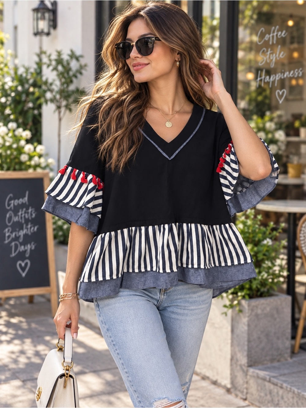 THML Black V-Neck Top with Navy & White Striped Ruffle